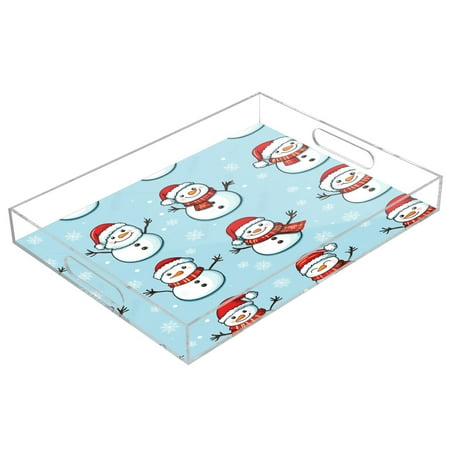 

WOBOGO Acrylic Serving Trays 15.7x11.8 Inch Spill Proof Clear Decorative Organizer with Handle Cute Christmas Snowmen Pattern on Blue Background
