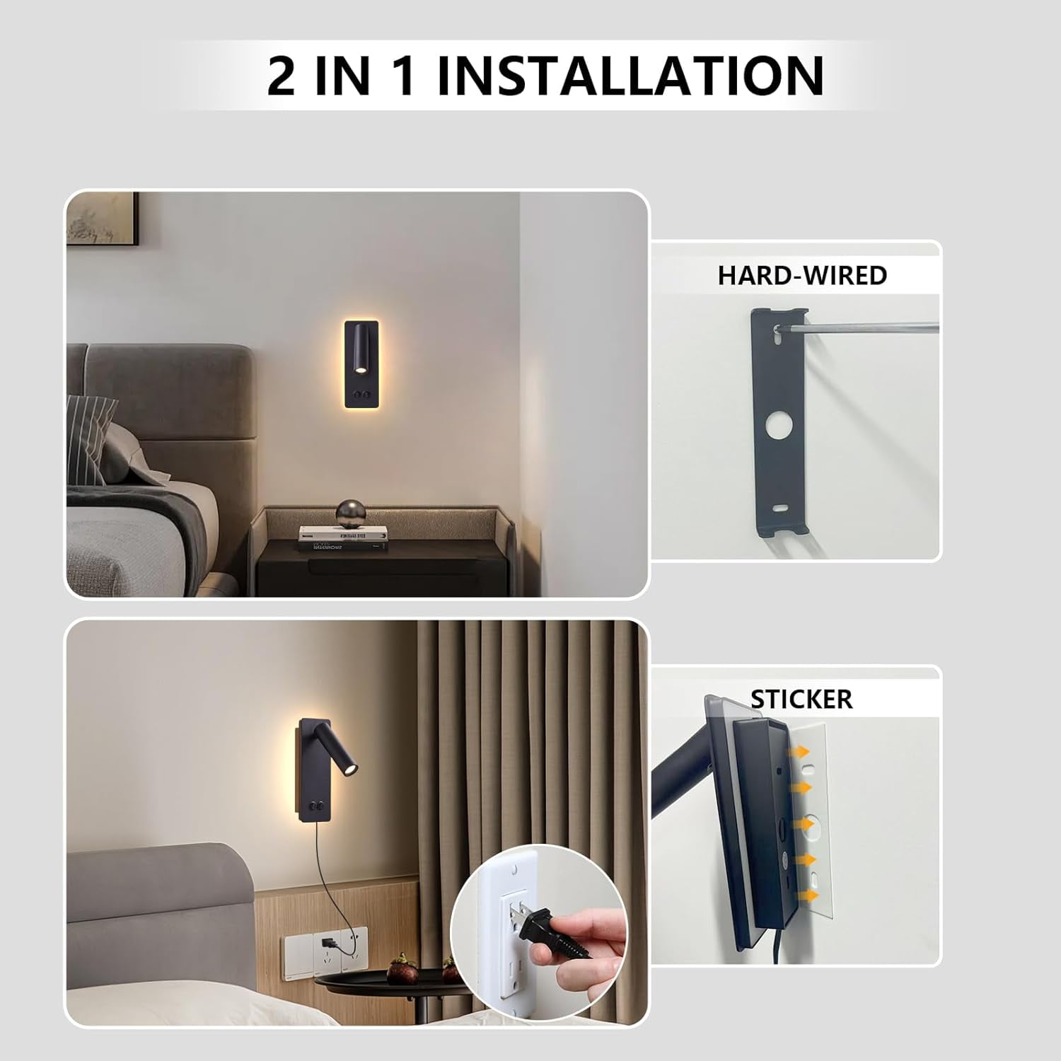 Plug-in Wall Sconce Reading Lamp with 3-Level Dimming, 350 °   Rotation for Bedside Bed Headboard in Bedroom Living Room (Black)