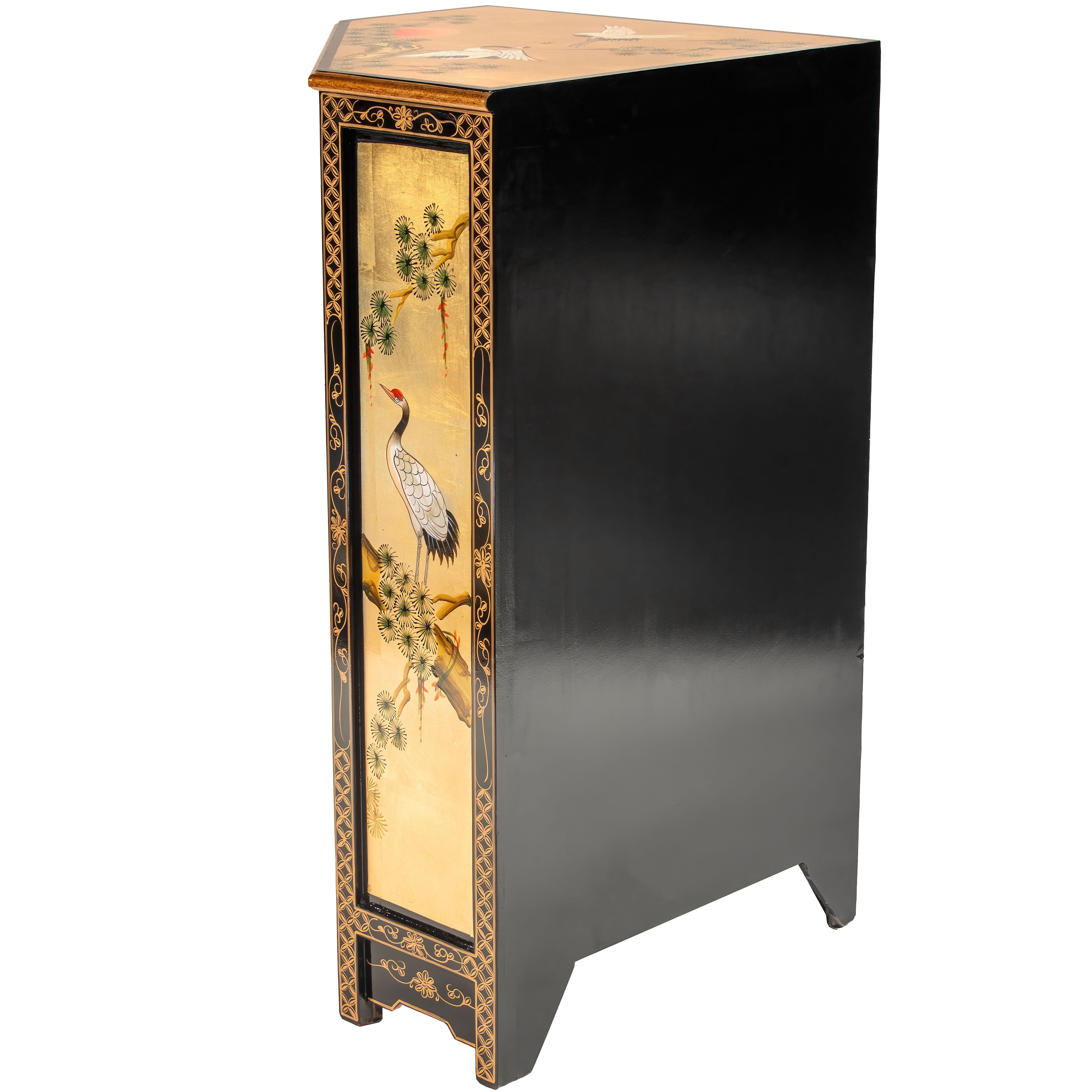 Oriental Furniture Gold Lacquer Corner Cabinet - Cranes