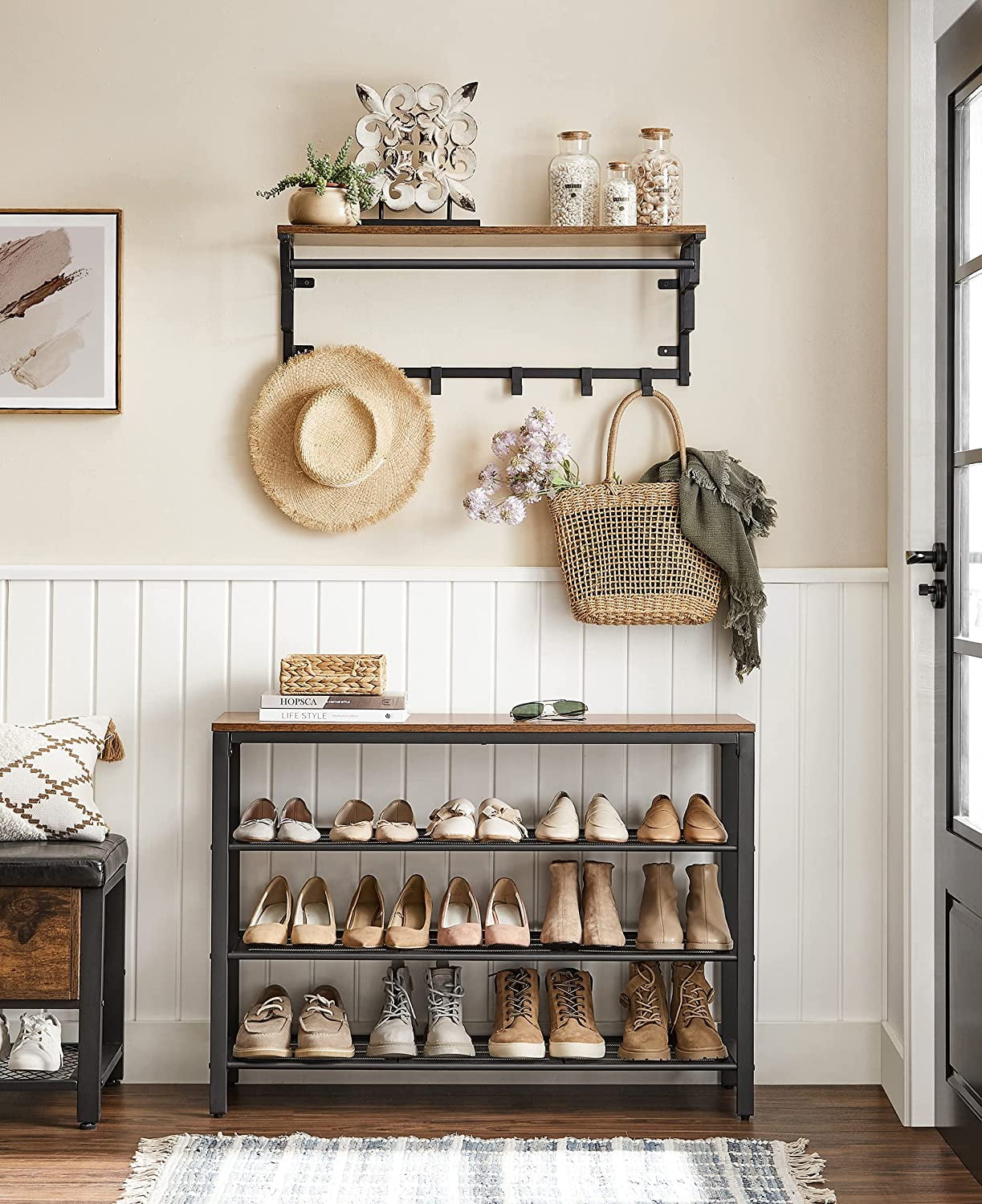 VASAGLE INDESTIC Shoe Rack Shoe Organizer with 3 Mesh Shelves 5 pairs of shoes Rustic Brown and Black