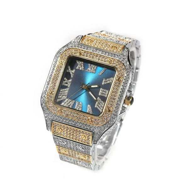 Two Tone Gold Finish Square Bezel Unisex Simulated Diamond Bling Stainless Steel Iced Out Hip Hop Roman Numeral Date Function Watch 35mm