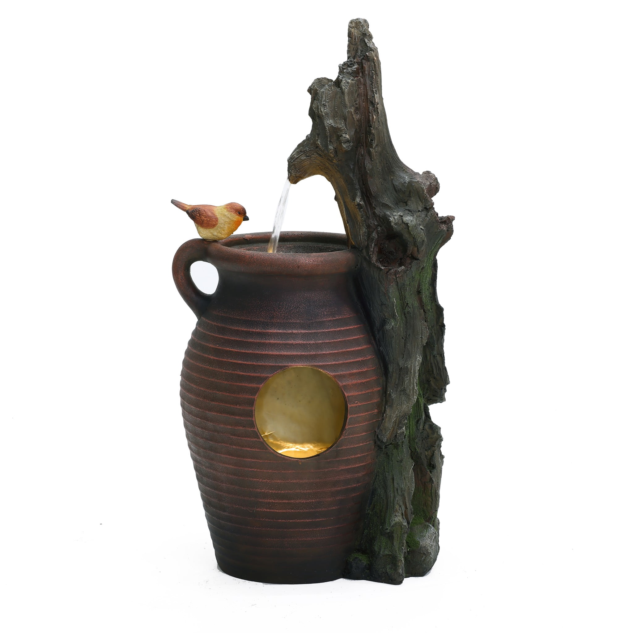 LuxenHome Rain Barrel with Tree and Birds 2.5-Feet Tall Outdoor Polyresin Fountains with Light