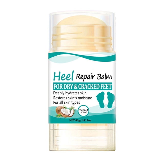 crema para pies hidratante, nutritiva y reparadora. crema para manos y pies (40 g) envase stick frontal, tubo blanco y turquesa con etiqueta en inglés "Heel Repair Balm" y pictograma de pies, tapa translúcida; formato 40 g con aroma coco indicado; para cuidado de pies y talones agrietados, también usado en manos.