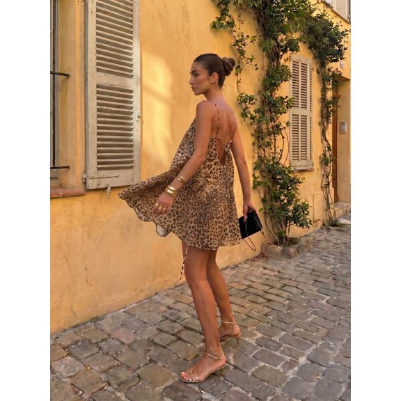 Khaki Leopard Print Chiffon Backless Mini Dress For Party Vacation Casual Wear
