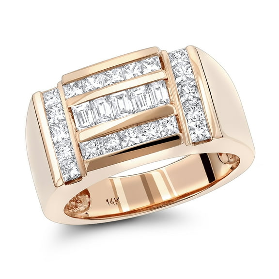 Unique 14K Mens Princess & Baguette Natural 1.8 Ctw Diamonds Ring (Rose Gold Size 7.5)