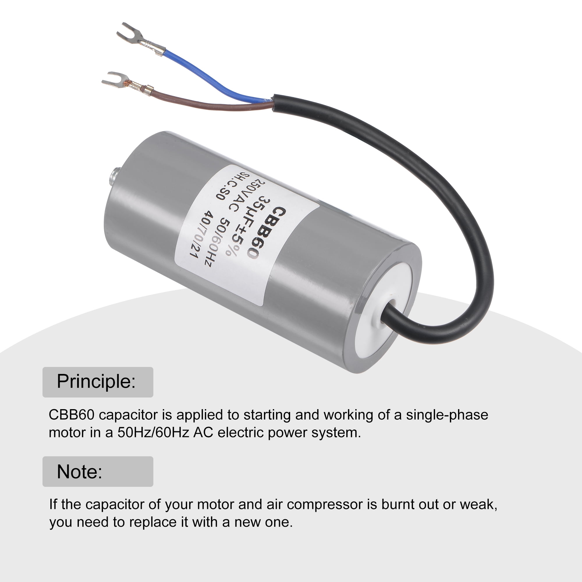 Uxcell 35uF 250V AC 50/60Hz 2 Wires w Fixing Stud, Terminal CBB60 Run Capacitor