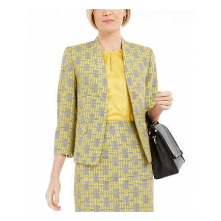 KASPER Womens Yellow Collarless Jacquard Printed Wear To Work Jacket Petites 12P