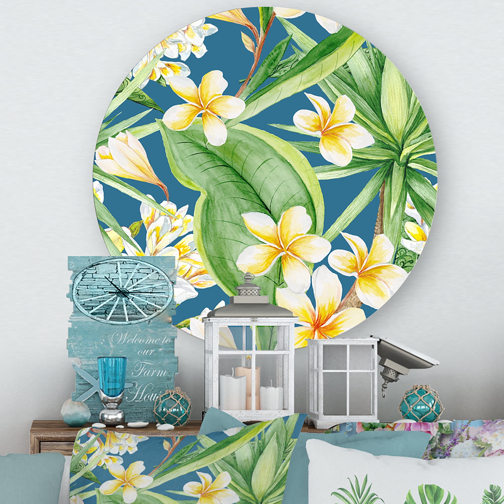 Designart 'Yellow Flowers and Tropical Foliage XV' Modern Circle Metal Wall Art 11x11 - Disc of 11