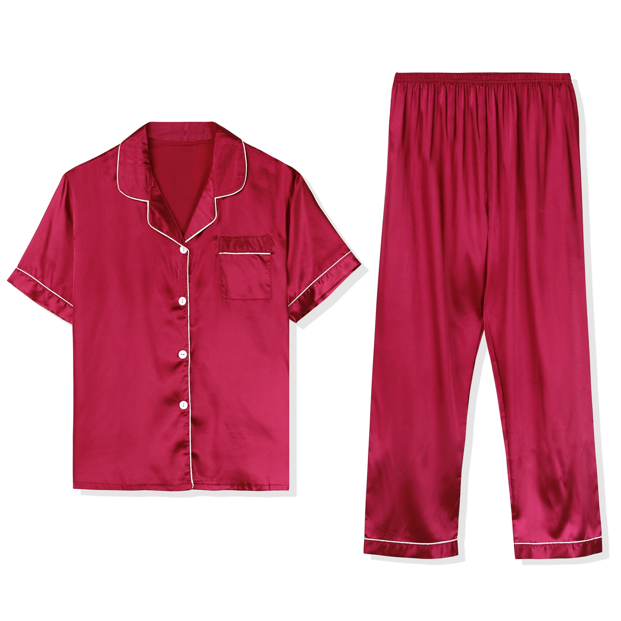 Unique Bargains Men's Button Down Satin Pajama Sets Short Sleeves Nightwear Small Burgundy