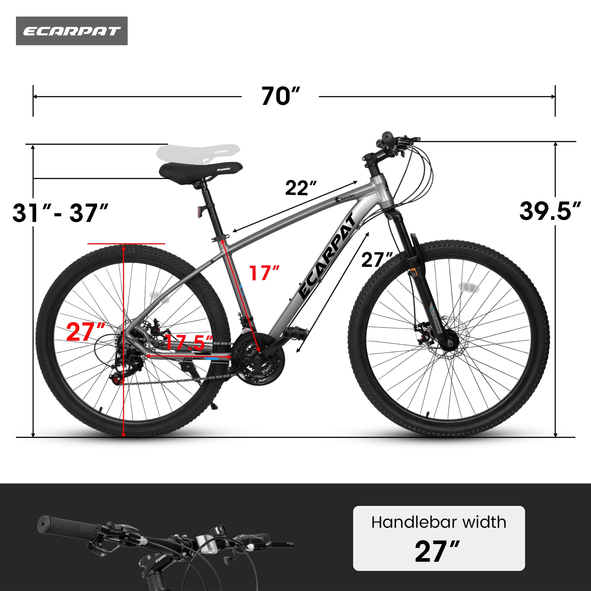 27" Lightweight Aluminum Mountain Bike, 21-Speed with Front Suspension - Grey