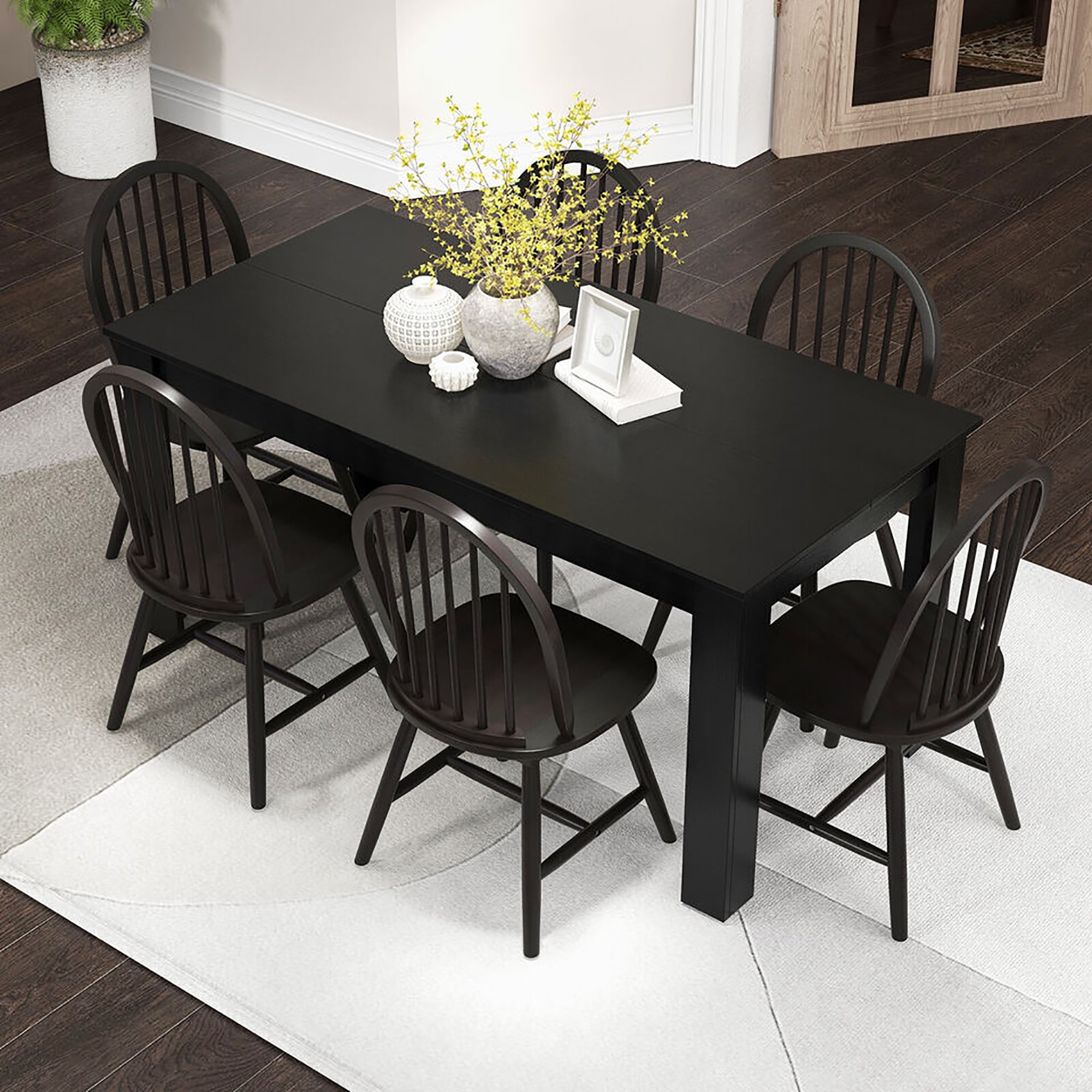 Gymax 7 PCS Dining Set Rectangular Wooden Dining Table 6 Windsor Chairs Kitchen Black