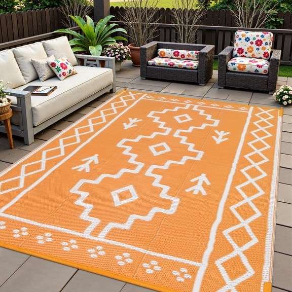 Moynesa Outdoor Rug Waterproof, 6'x9' Lightweight Plastic Straw Rug for Camping RV, Reversible Boho Carpet Outside Rug for Patio Picnic Deck Porch Balcony Tent, Orange