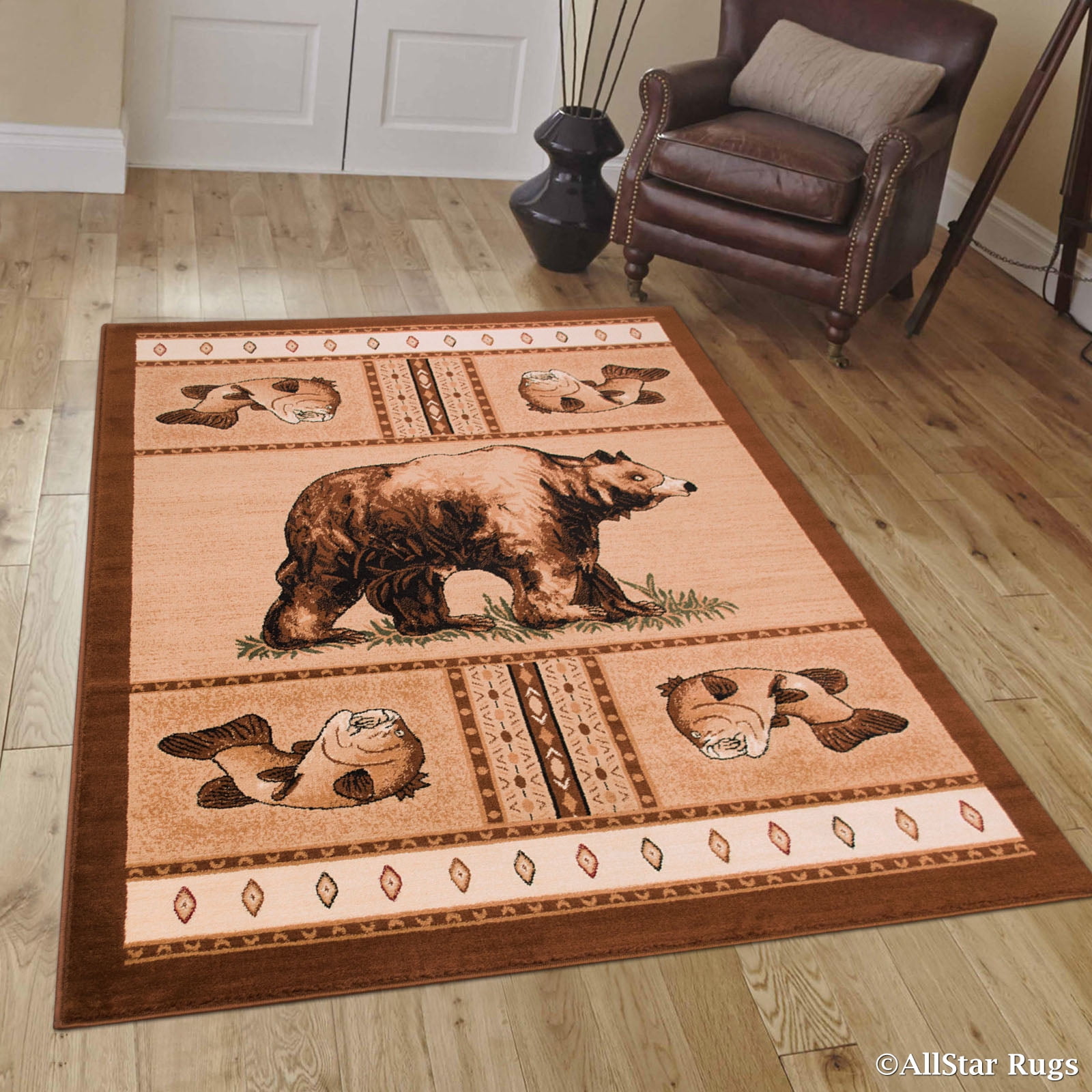 2' X 3' COUNTRY THEME LODGE MAT RUG SOUTHWESTERN BEAR CATCHING FISH CABIN RUG 