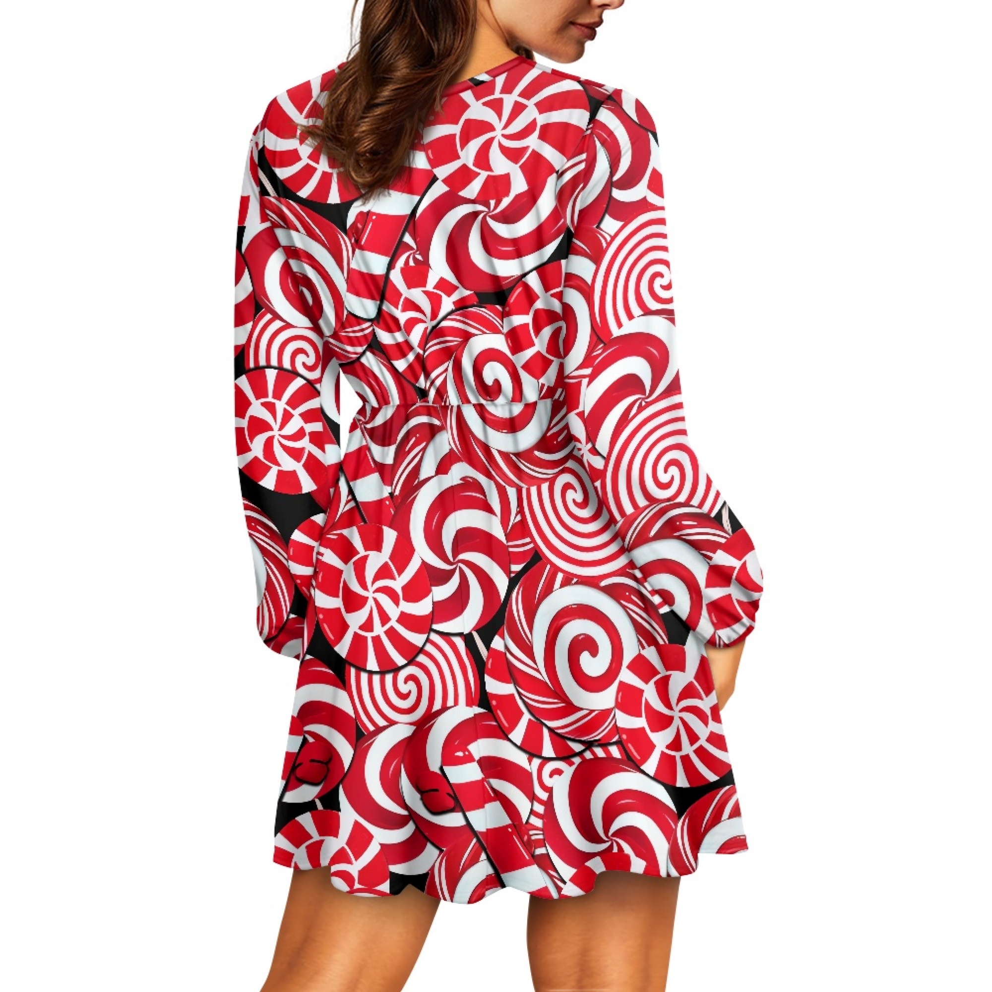 Yuyamidu Candy Canes Long Sleeve Dress Cover Up for Christmas Day Gifts Red Flowy Swing Dresses for Women Size M Casual A-Line Dress Winter V Neck Dresses