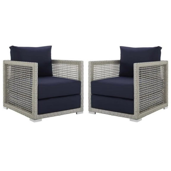 Home Square 2 Piece PE Wicker Rattan Patio Chair Set in Gray Navy