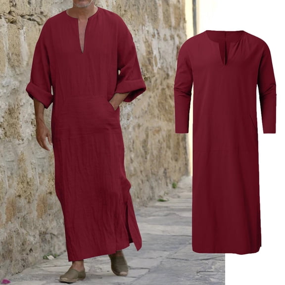 Men Kaftan Thobe Casual Long Sleeve Thobe For Men Button Down Collar Men Muslim Clothing Robe