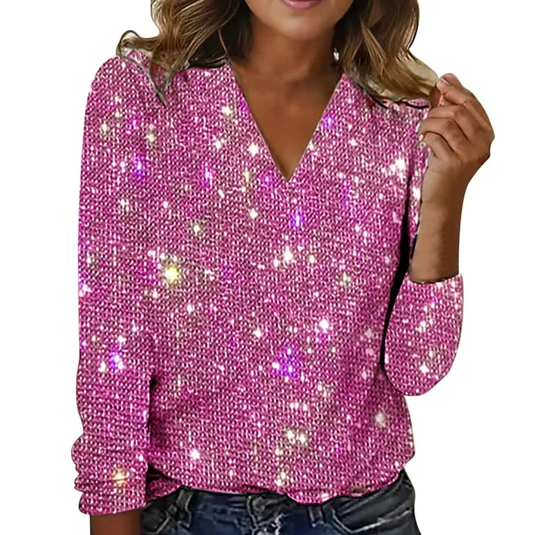 Casual Solid Sequins V Neck Tops Casual Solid Sequins V Neck Tops