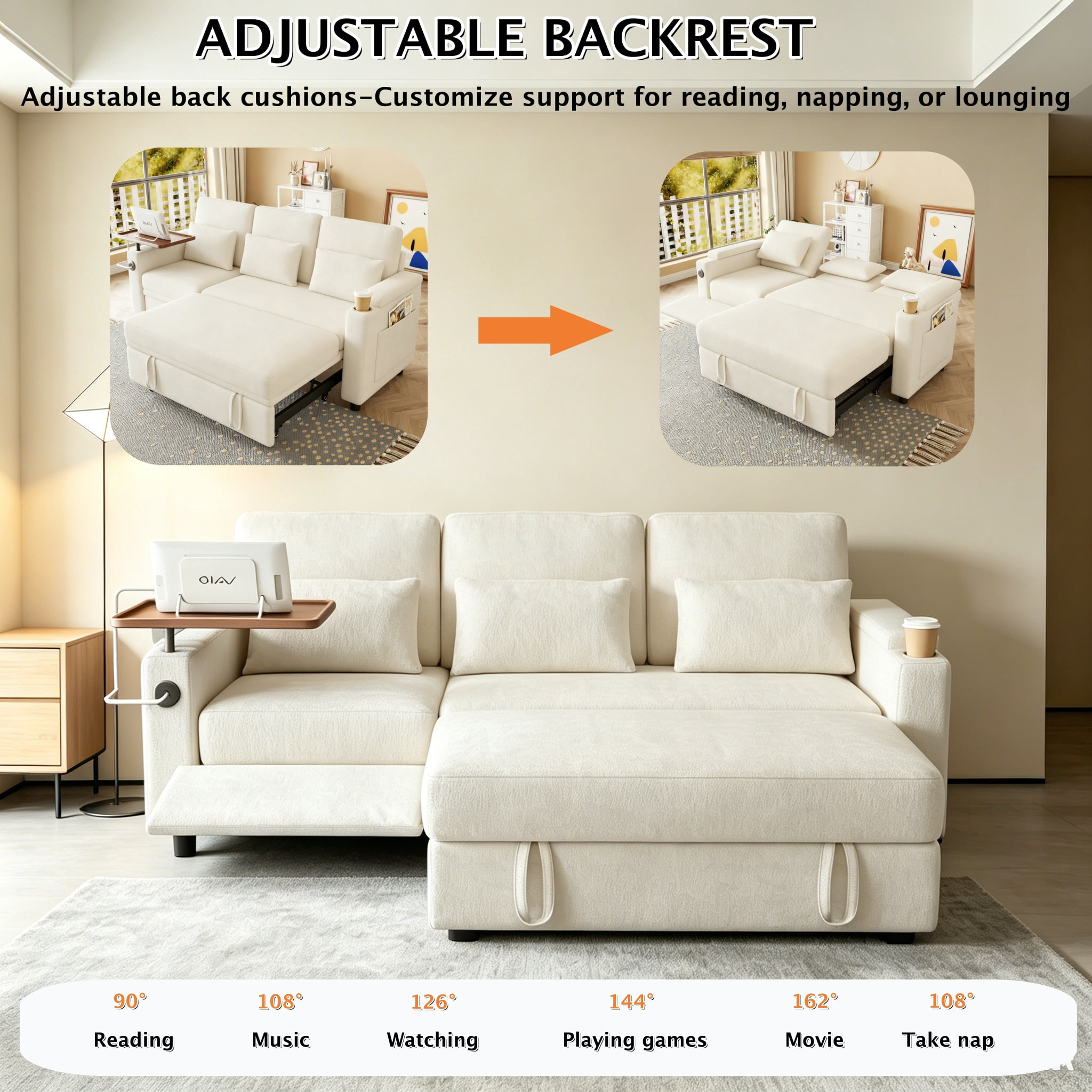 ShiKeyi 83" 3-in-1 Convertible Sofa Bed, Chenille 3 Seater Couch with Adjustable Backrest, USB Ports, Storage Armrests & Fold-Down Table, Off White