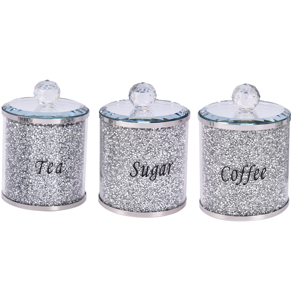 Sugar 3PC Set of Tea Coffee Canisters Filled with Crystal Crushed Diamonds for Kitchen Decor & Storage 