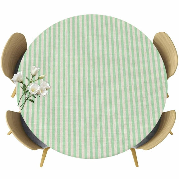 Sage Green Striped Round Tablecloth 45-54 Inch Round Fitted Table Cloth with Elastic Edge, Modern Simple Farmhouse Beige Waterproof Table Cover Protector for Outdoor Picnic Party Dining