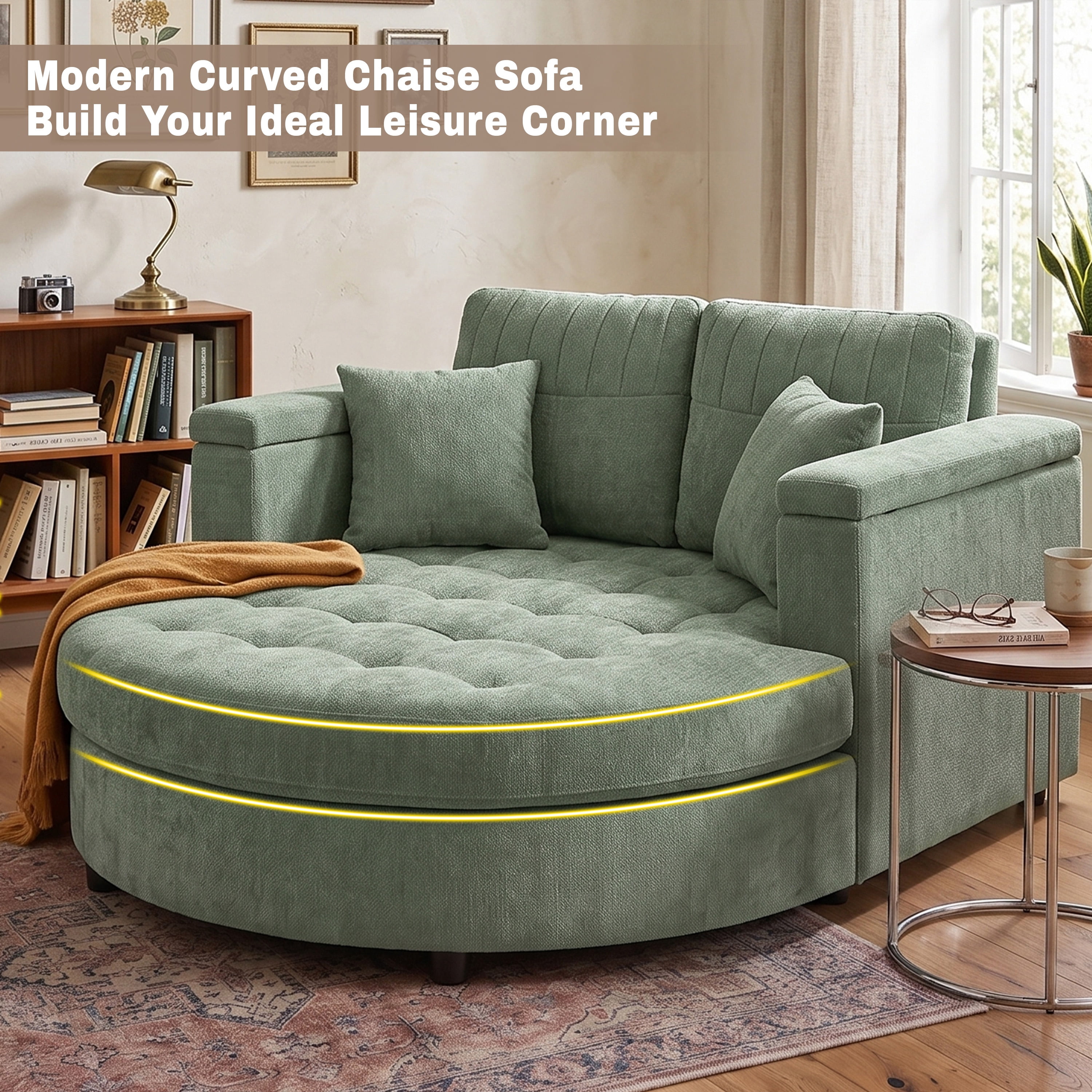 Euroco 66.9" Oversized Chaise Lounge Chair Indoor,Cloud Plush Chenille Floor Sofa Bed with Deep Seat,Storage Arms & Removable Pillows,Modern Upholstered Sofa Couch for Living Room,Green