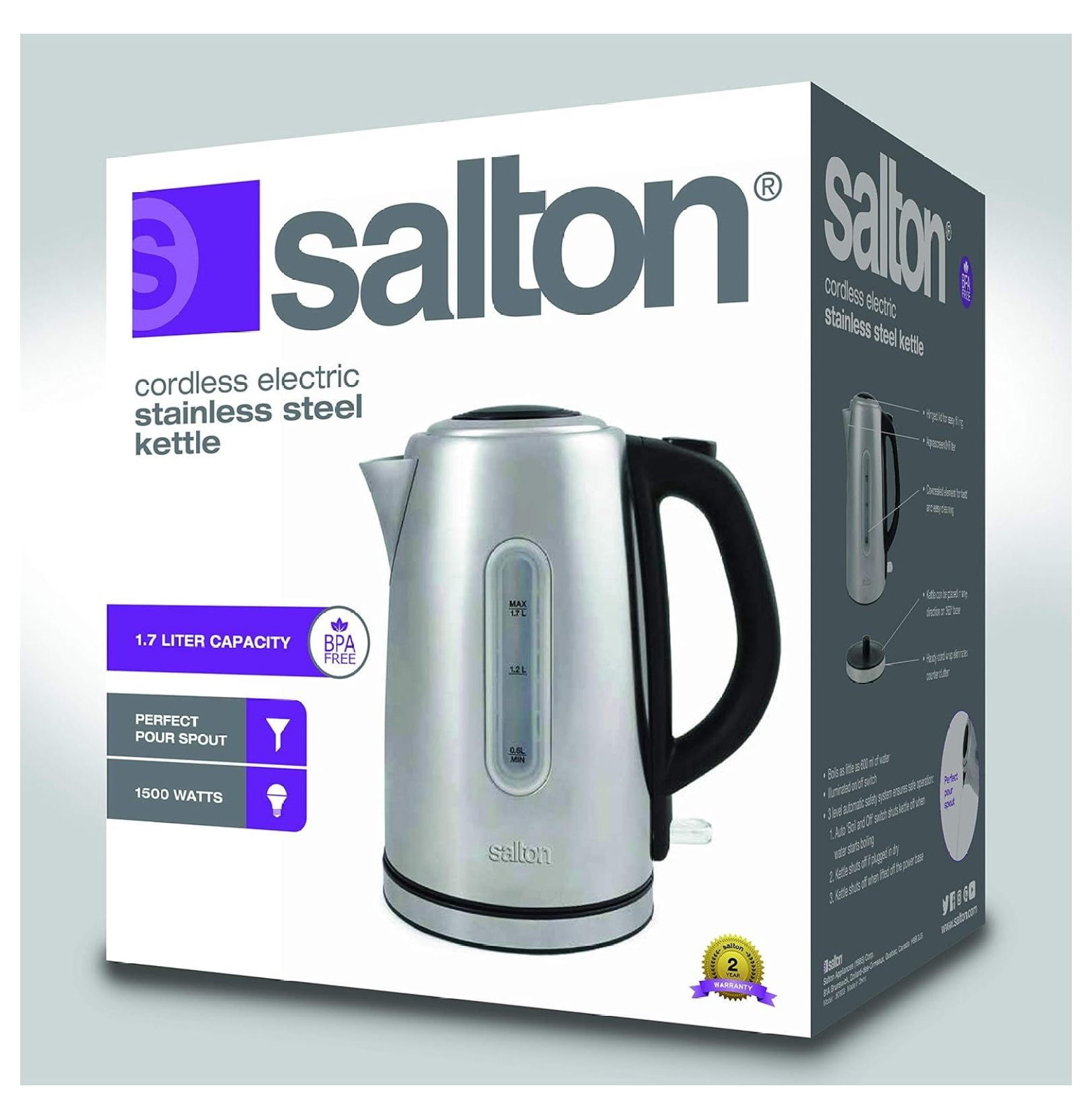 Stainless Steel Electric Kettle, 1.7 Liter Cordless Water Boiler