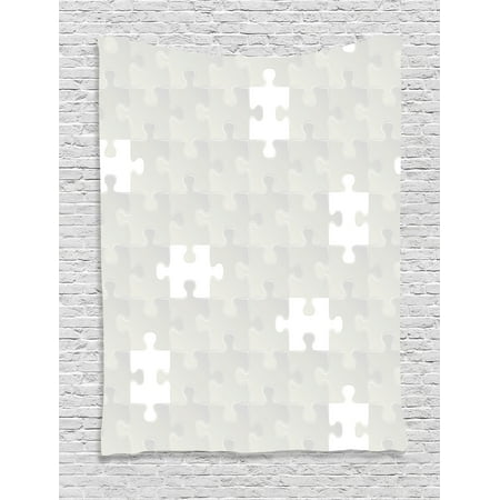 Gray Wall Hanging Tapestry, Abstract Puzzle Patterns in Simple Light Background Shabby Mosaic Ornament Idea Kids Home Decor, Bedroom Living Room Dorm Decor, Gray, by