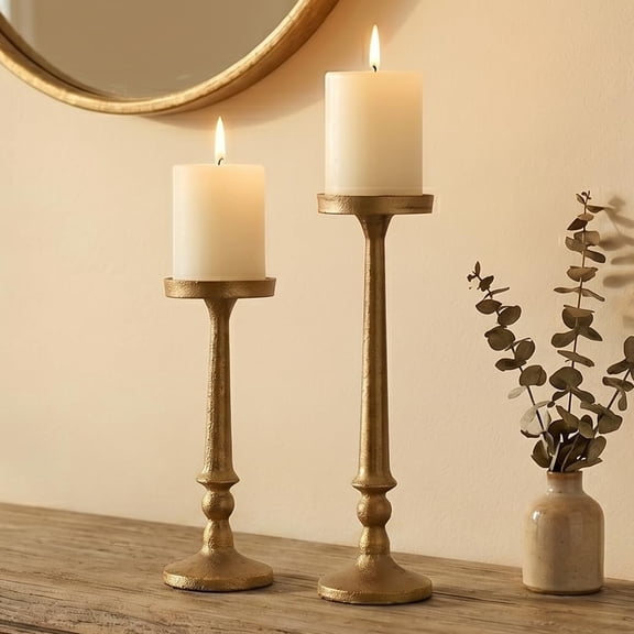 Vintage Iron Pillar Candle Holders Set of 2 12.2" & 10" Tall Candleholders - Rustic Brass Candle Stands - Dining Table Centerpieces - Christmas Fireplace Mantel Decor