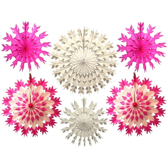 6-Piece Devra Party Multi-Colored Tissue Paper Snowflake Party Decoration Kit (Cerise and White)