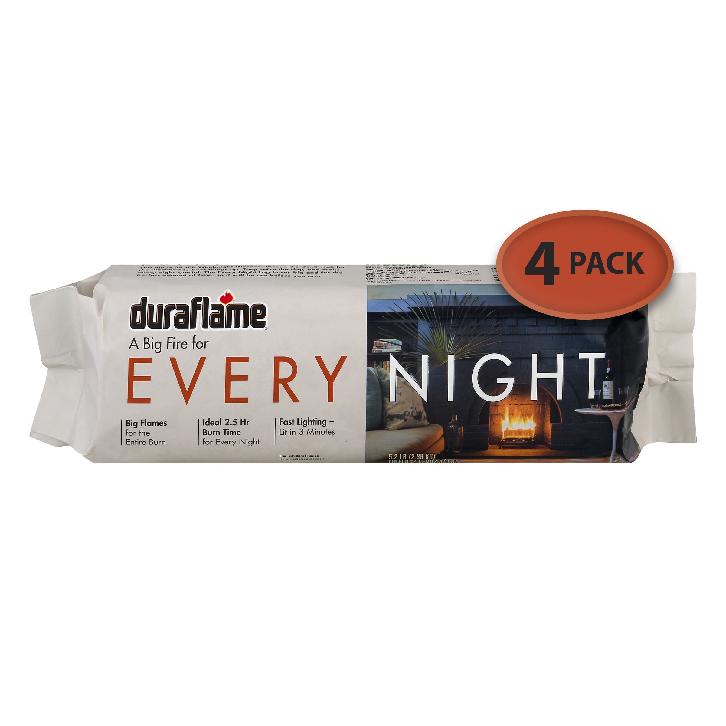 Duraflame Every Night 5.2 lb Firelogs, 4 Logs per Case, 2.5 Hour Large Fire  - Walmart.com