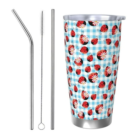 

Uemuo Flowers and Lady Bugs Print Travel Coffee Mug 20oz Double-walled Car Cup Stainless Steel Insulated Tumbler Leak-proof Travel Cup Reusable Straw Car Cup-Straw Three-piece Set
