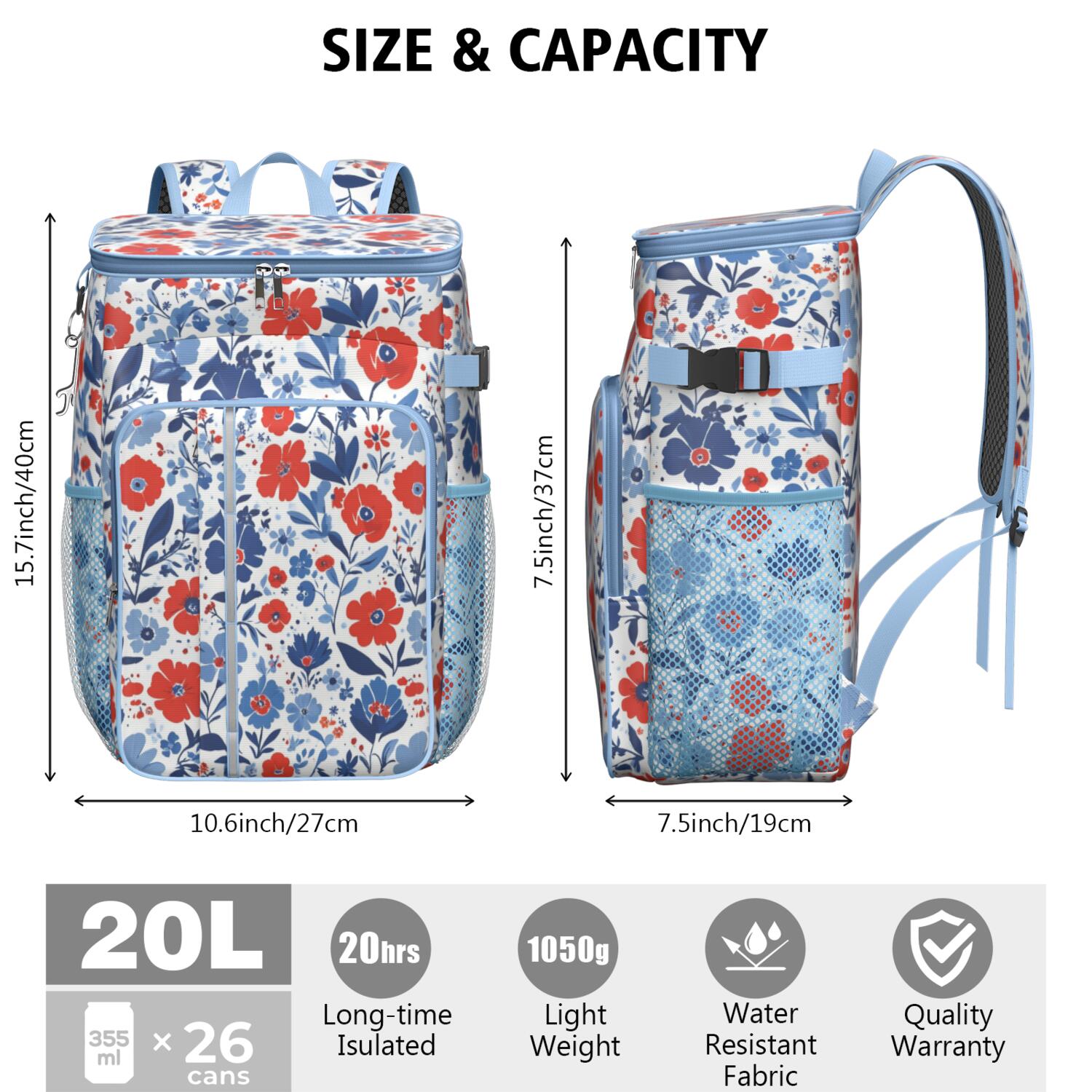 Travel Cooler Bag - Pioneer Flower Camping Beer Cooler Backpack with Bottle Opener- Waterproof Insulated Picnic Backpacks - Cooler Bag for Beach