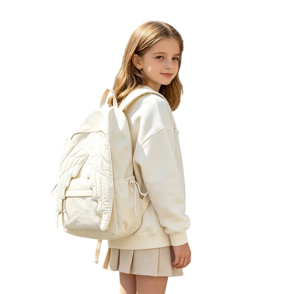 Lusa Cute Solid Color Backpack for Students Trendy 3D Wing Design Large Capacity Lightweight Schoolbag Fall Back to School Season Casual Versatile Double Shoulder Bookbag White One Size