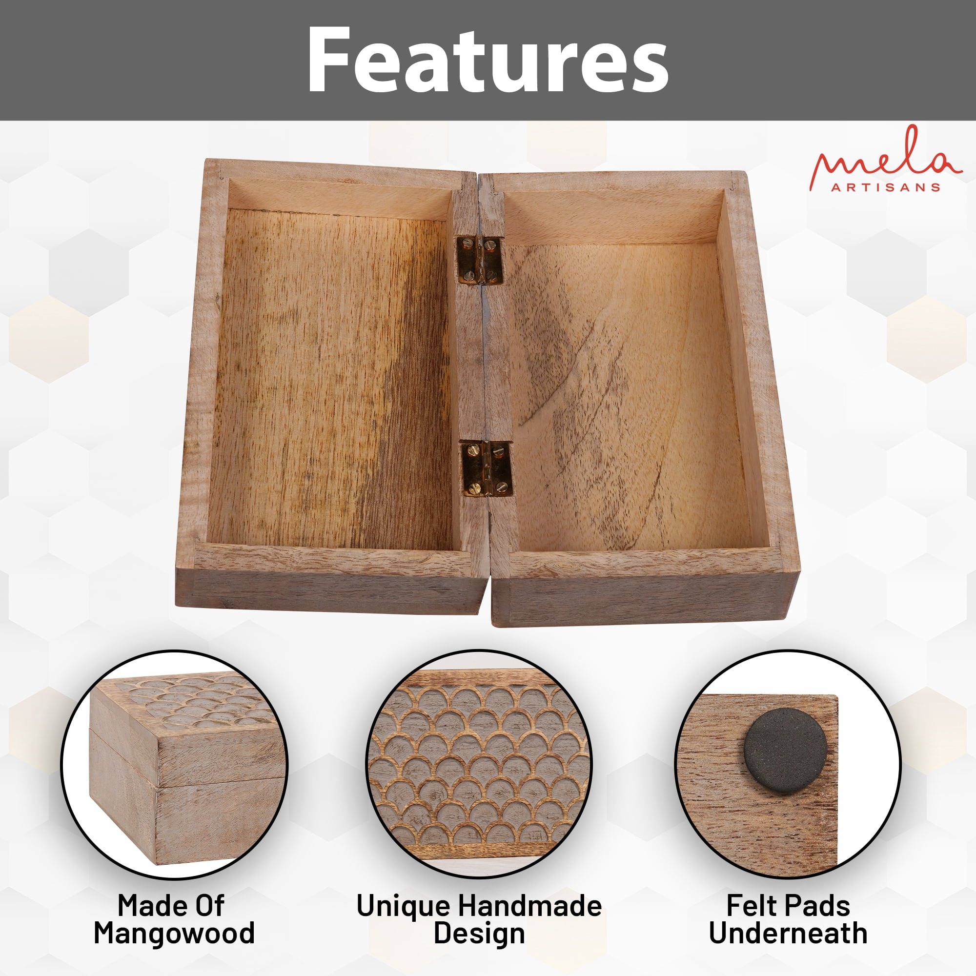 Scallop Wooden Box, Medium, Light Burnt Over Grey Decorative Box with Lid with Felt Pads Underneath & Wooden Carving, Unique Handmade Mangowood Keepsake Storage Box for Home, 7.5 x 4.5 x 3