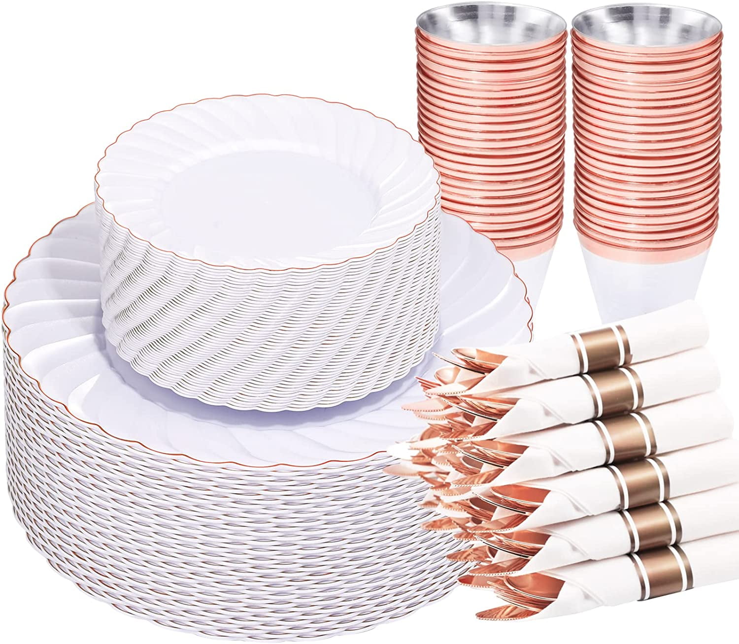 350PCS Rose Gold Plastic PlatesDisposable White and Rose Gold Plates