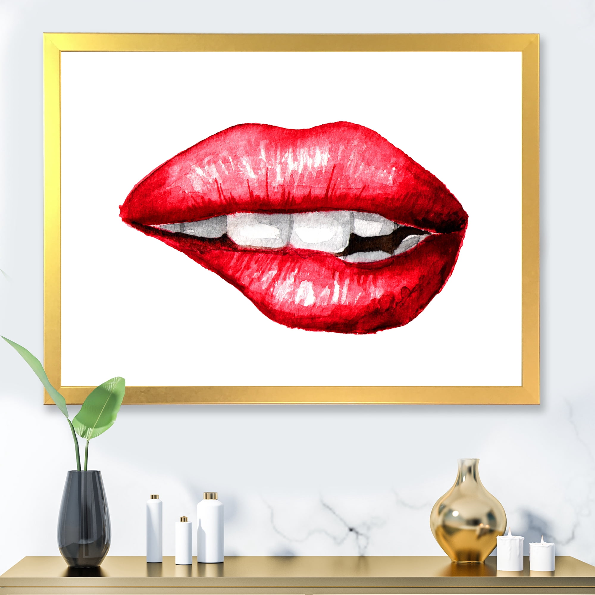 Designart 'Sexy Plump Puffy Girl Lips Biting' Modern Framed Art Print