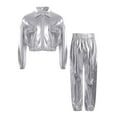 thumbnail image 2 of Sholeno Teens Boys Girls Hip Hop Jazz Dance Disco Party Costume Long Sleeve Jacket Crop Tops and Shiny Pants Silver 10, 2 of 6