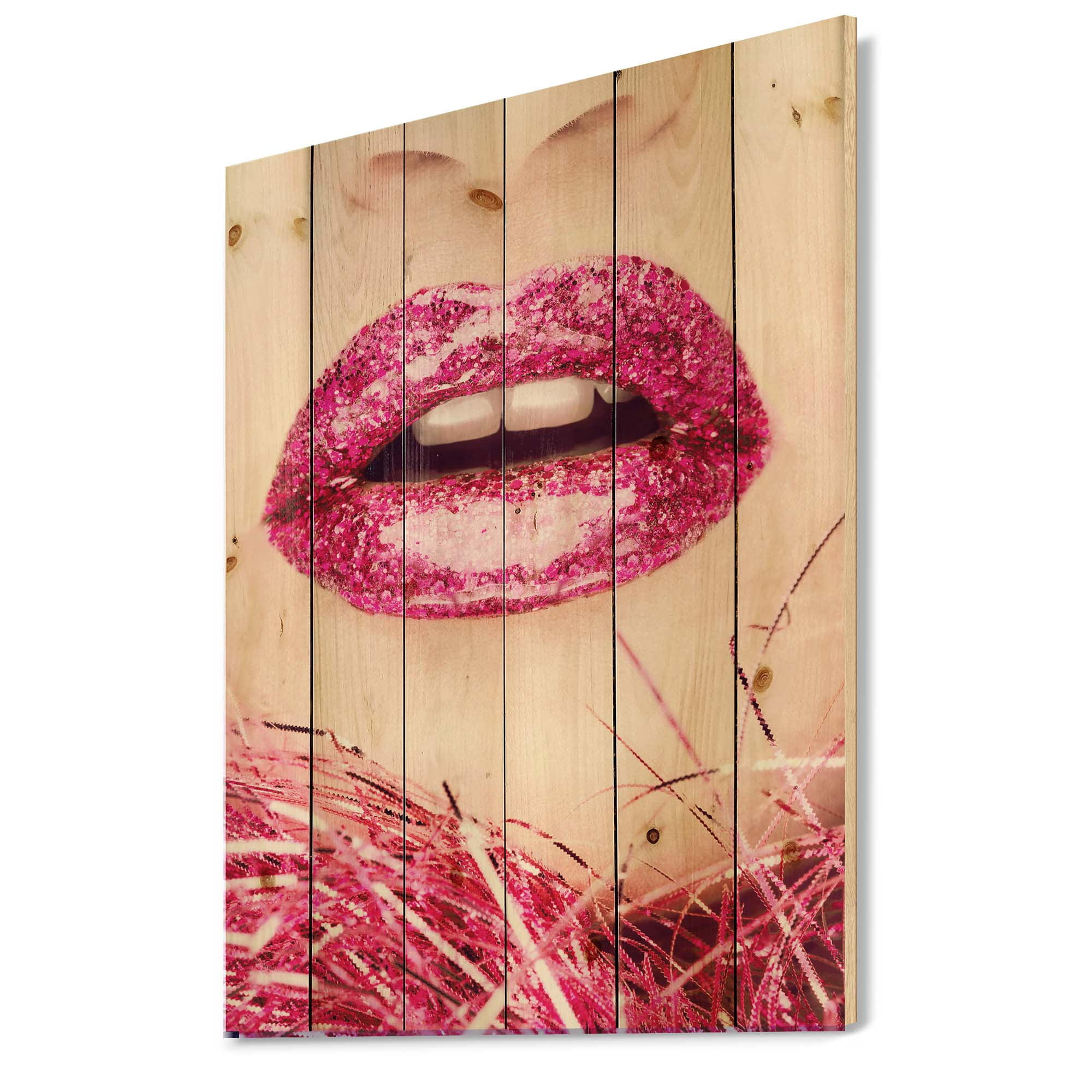 Designart 'Close-Up Of Golden Female Lips II' Modern Print on Natural Pine Wood