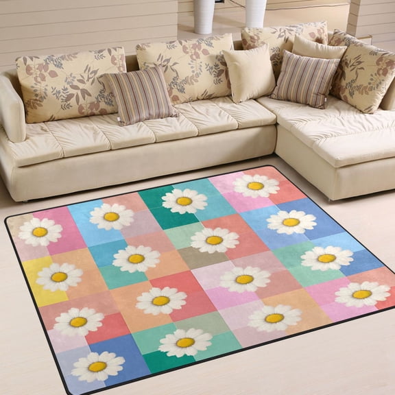Yayeee Area Rugs for Living Room 5.2'x4' Non Slip Washable Bedroom Floor Carpet, Pink Checkered Daisy