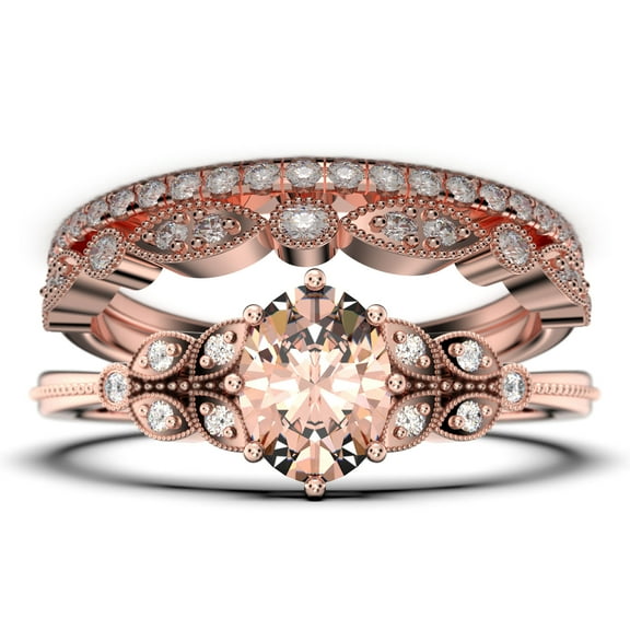 Gorgeous Boho & hippie 2.25 Carat Oval Cut Vintage Look Morganite And Diamond Moissanite Engagement Ring Set, Wedding Ring in 925 Sterling Silver With 18k White Gold Plating, Trio set