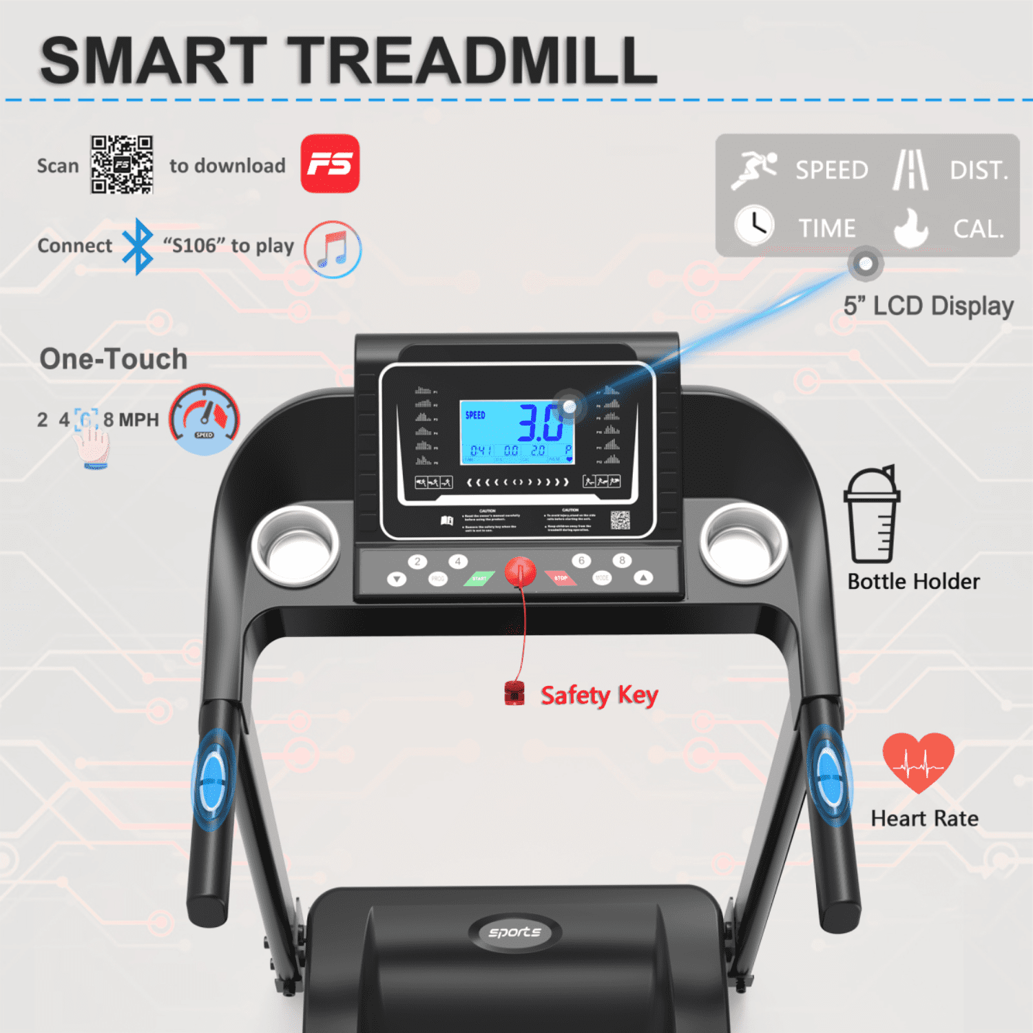 Fitshow App Home Foldable Treadmill with Incline, 250 LB Capacity, Bluetooth Music, 5" LCD Screen, Hydraulic Folding for Easy Storage, 12 Workout Programs