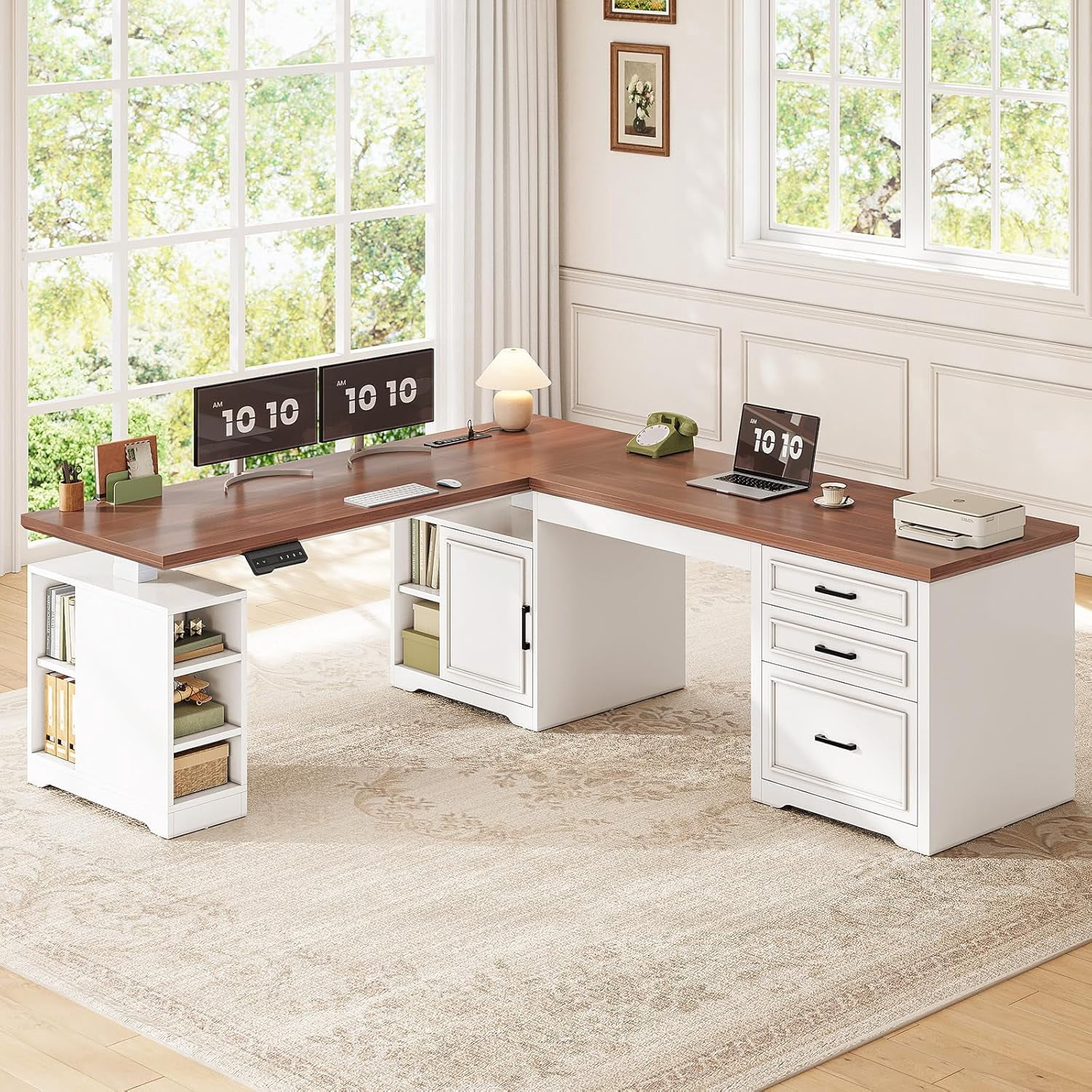 SEDETA Farmhouse Standing Desk with Storage, L Shaped Standing Desk with Power Outlets, Height Adjustable Two Person Desk with Drawers & Cabinet, Large Home Office Desk with Open Shelves, White