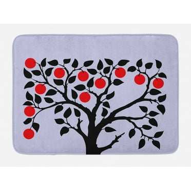 Fruits Bath Mat, Black Tree with Ripe Red Nutritious Fruit Flourishing Nature Garden Forest Art, Plush Bathroom Decor Mat with Non Slip Backing, 29.5" X 17.5", Lilac Black Red, by Ambesonne