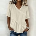 thumbnail image 1 of Craaazy Women's Plus Size Versatile Solid Color Cotton Linen V-Neck Short Sleeve T-shirts with Ruffle Trim for Daily Wear, 1 of 7