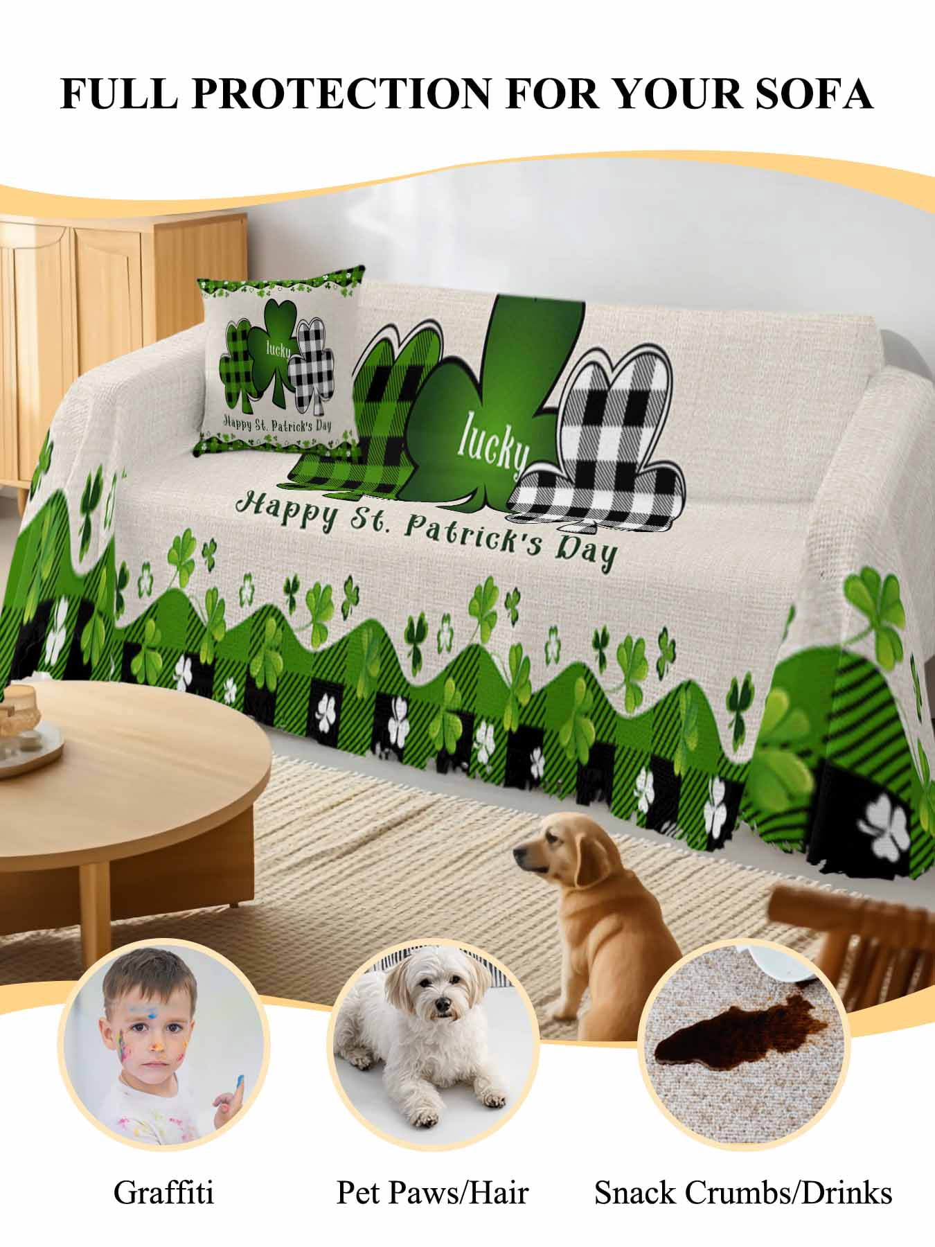 St. Patrick's Day Couch Cover, Green and Black Checkered Lucky Sofa Cover Blanket for 2 Seat Cushion, Sectional Sofa Slipcover Furniture Protector for Living Room Bedroom 71''x102''