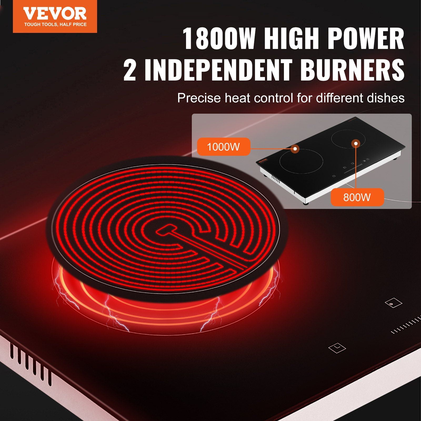 24 Inch 2 Burner Built In Electric Stove Cooktop 1800W Ceramic Glass Touch Control Timer Child Lock 9 Heat Levels Residual Heat Indicator 120V