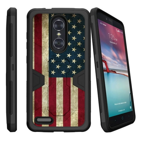 ZTE Zmax Pro Z981 Dual Layer Shock Resistant MAX DEFENSE Heavy Duty Case with Built In Kickstand - American Flag