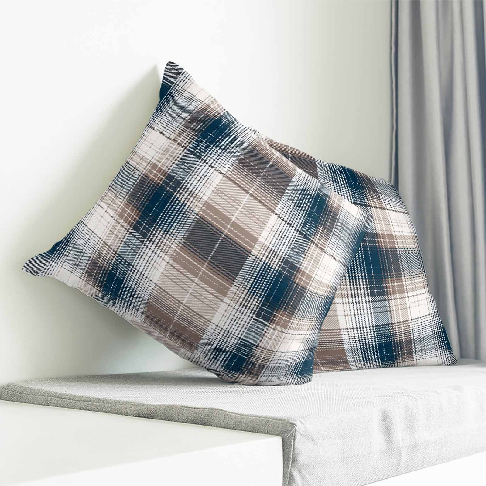 Throw Pillow Covers 26x26 Inch, Blue Brown Plaid Decorative Pillow Cases for Couch Sofa Bed, Modern Abstract Striped Gingham Checked Cotton Linen Square Home Decor Pillowcases with Hidden Zipper