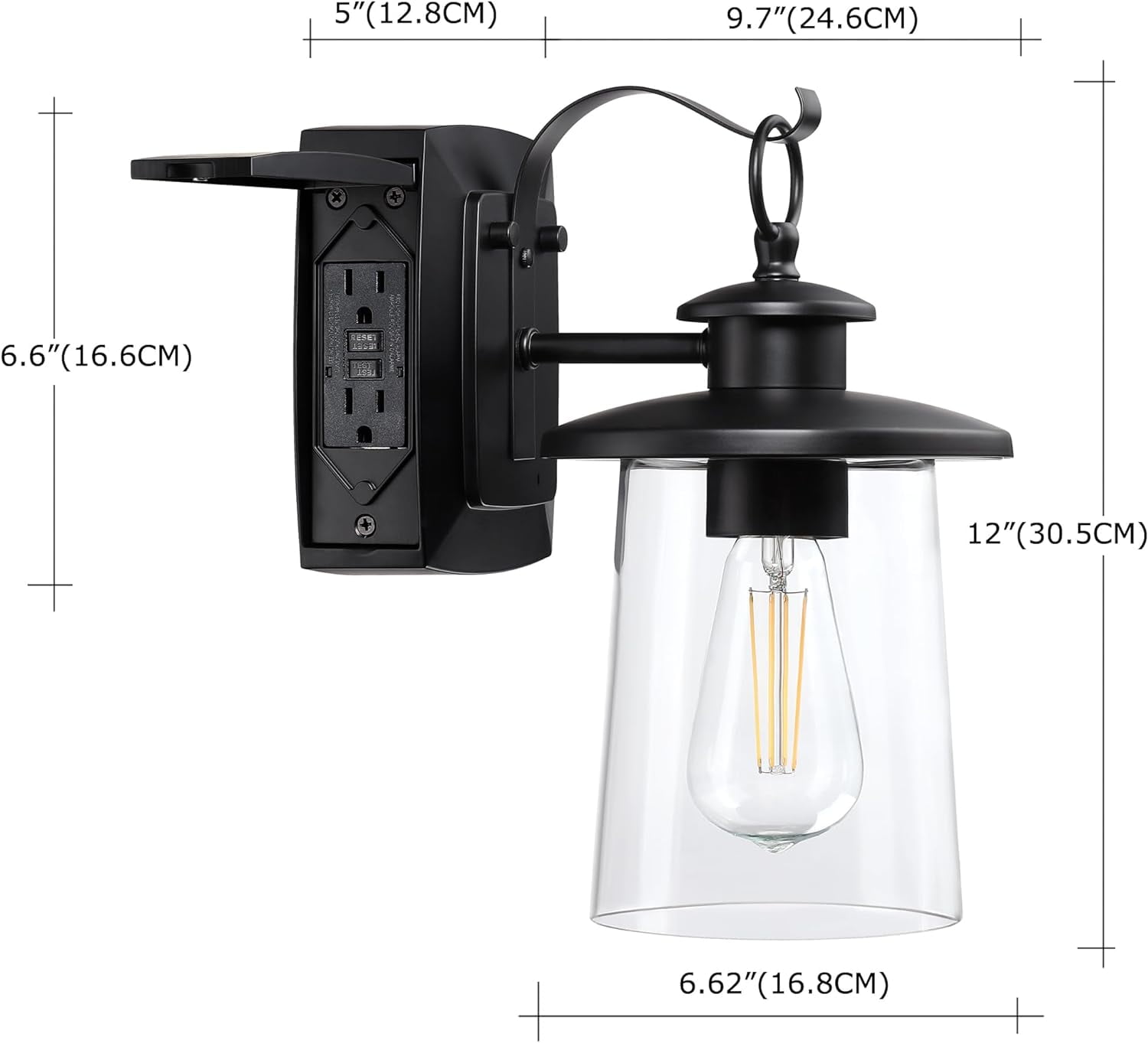 Revtronic Outdoor Wall Light w/ GFCI Outlet, Matte Black Exterior Lighting Fixture for House Patio Garage