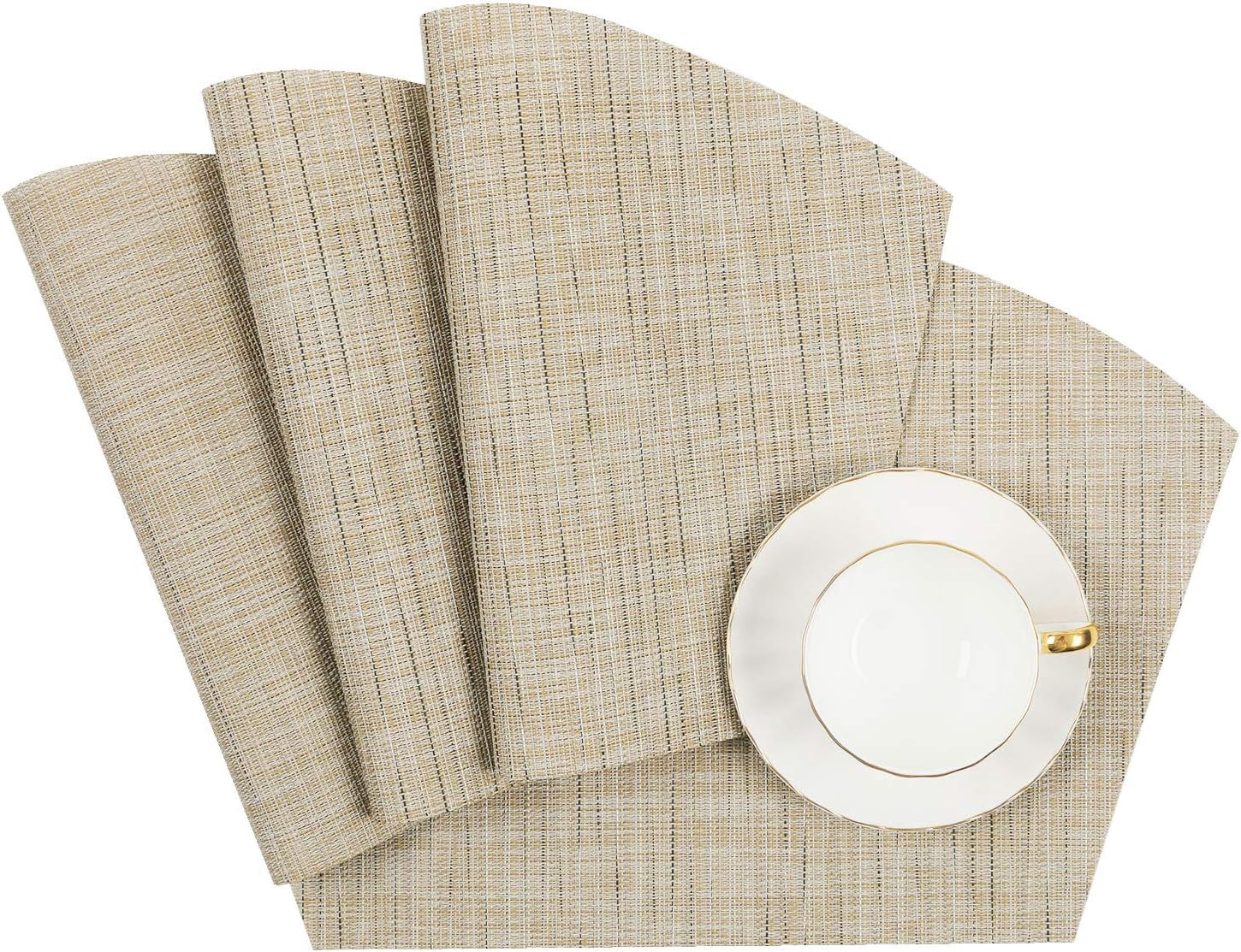 Round Table Placemats Set of 4 Wedge Shape Placemat Woven Vinyl Place Mats Heat Resistant Wipe Clean Dining Table Mats Home Table Decor (4, Tan)